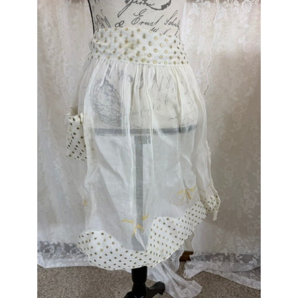 Vintage 1940s Sheer White Half Apron Gold Foil Clover Yellow Floral Embroidery